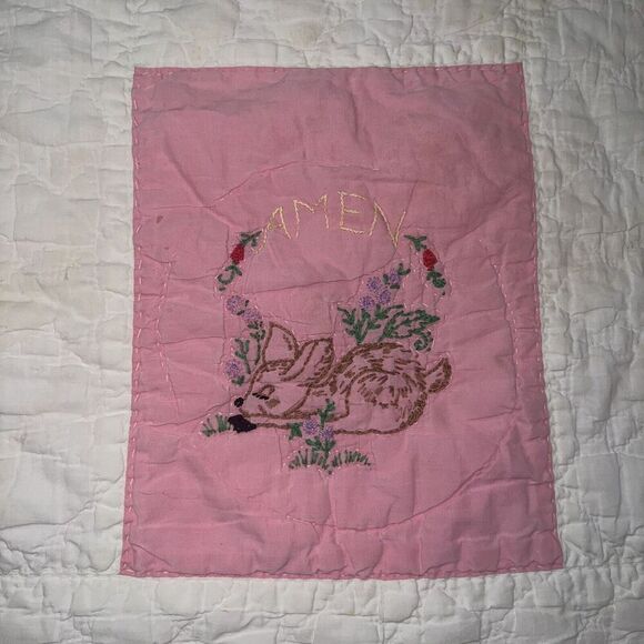 Vintage Baby Quilt Embroidered Goodnight Prayer Lay Me Down to Sleep 40” x 51” - Picture 11 of 16